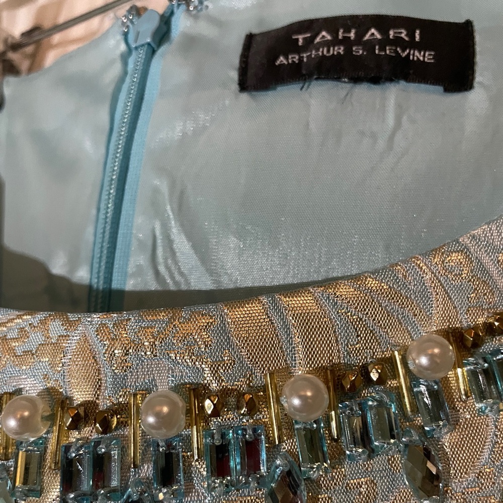 Tahari ASL Blue and Gold Embellished Dress